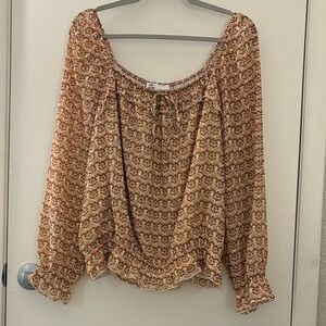 DR2 Women's Brown Patterned Off Shoulder Top Ruched Waist Career or Casual SZ XL